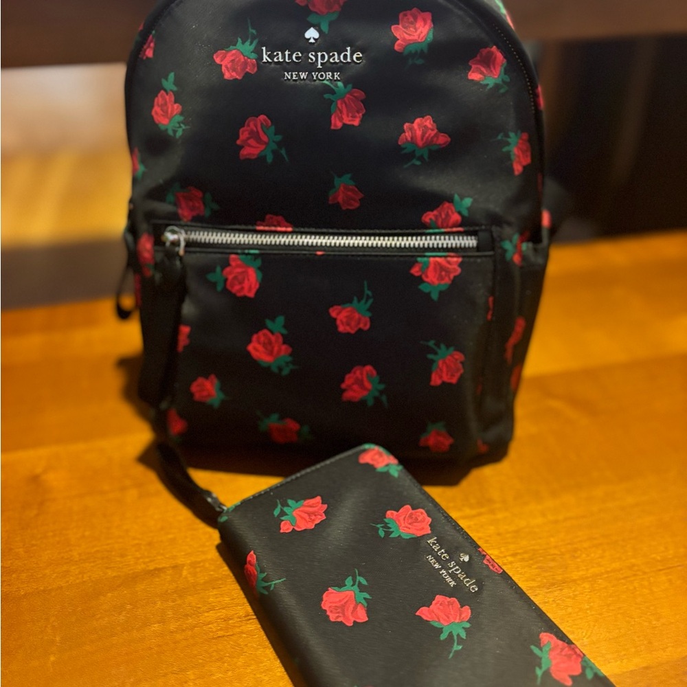 Kate Spade Black Backpack and Wallet Set with Red Floral Print. - Picture 2 of 9